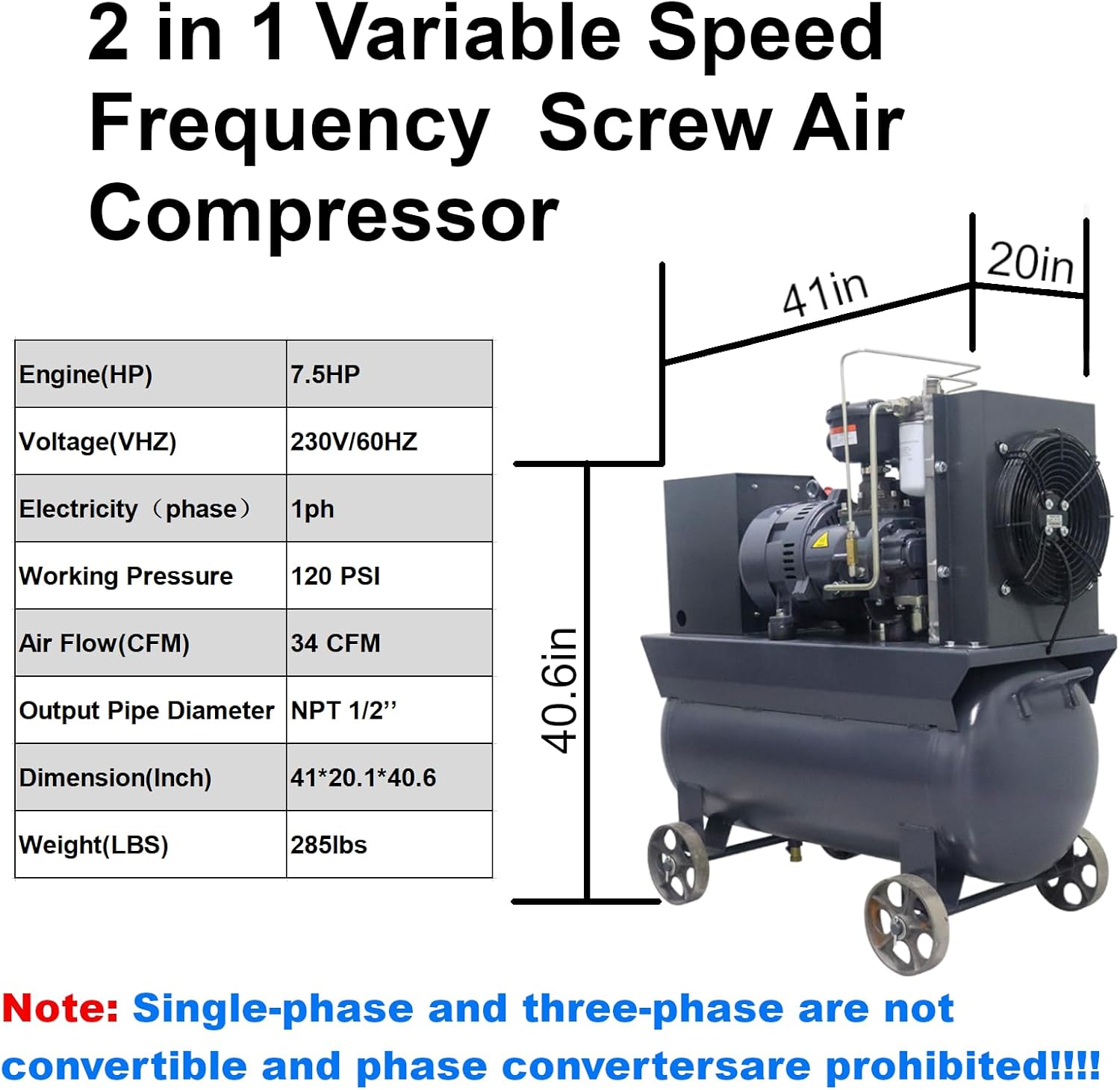 7.5HP/5.5kw Variable Speed Frequency Rotary Screw Air Compressor with 30 Gal Tank and Casters, 230V/60hz/single Phase/33CFM@120PSI Two in One Movable Air Compressor