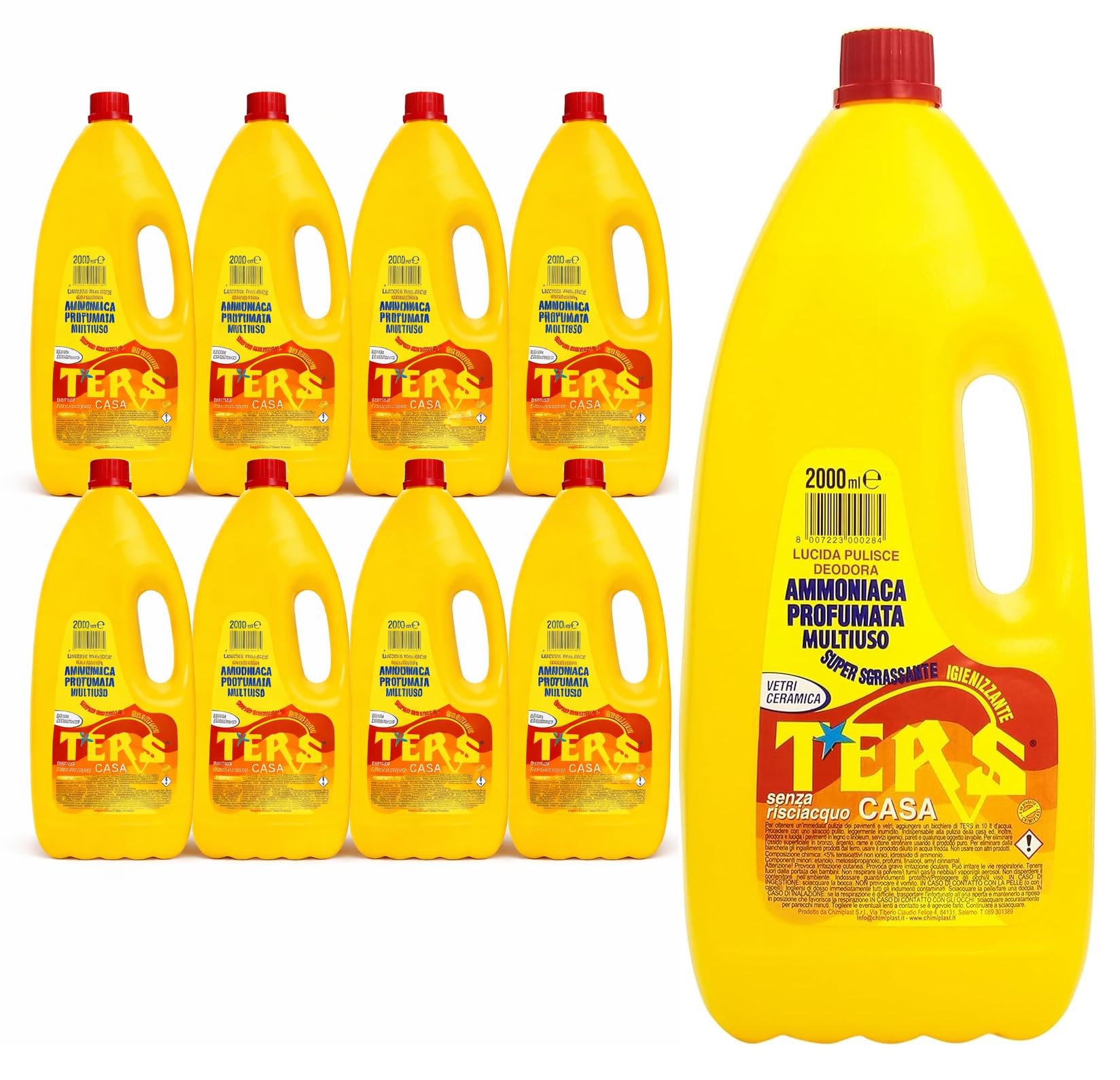 Mille Idee – 9 Pezzi Ammoniaca Profumata Multiuso Ters Casa 2000 ml [Totale 16 Litri] + 1 Straccio | Super Sgrassante, Igienizzante, Senza Risciacquo, Per Vetri e Ceramica