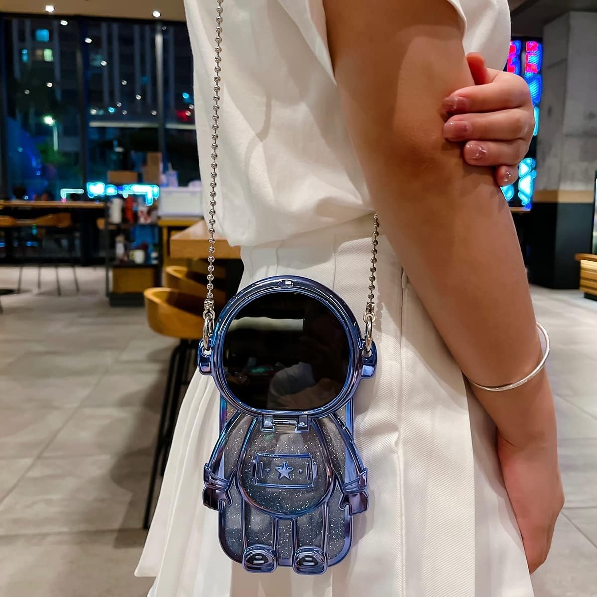 Astronaut Hidden Stand Phone Case for iPhone 12/12 Pro,Cute 3D Astronaut Lens Camera Protection Kickstand Luxury Glitter Bling Soft TPU Protector with Mirror Metal Chain for Women Blue image 5
