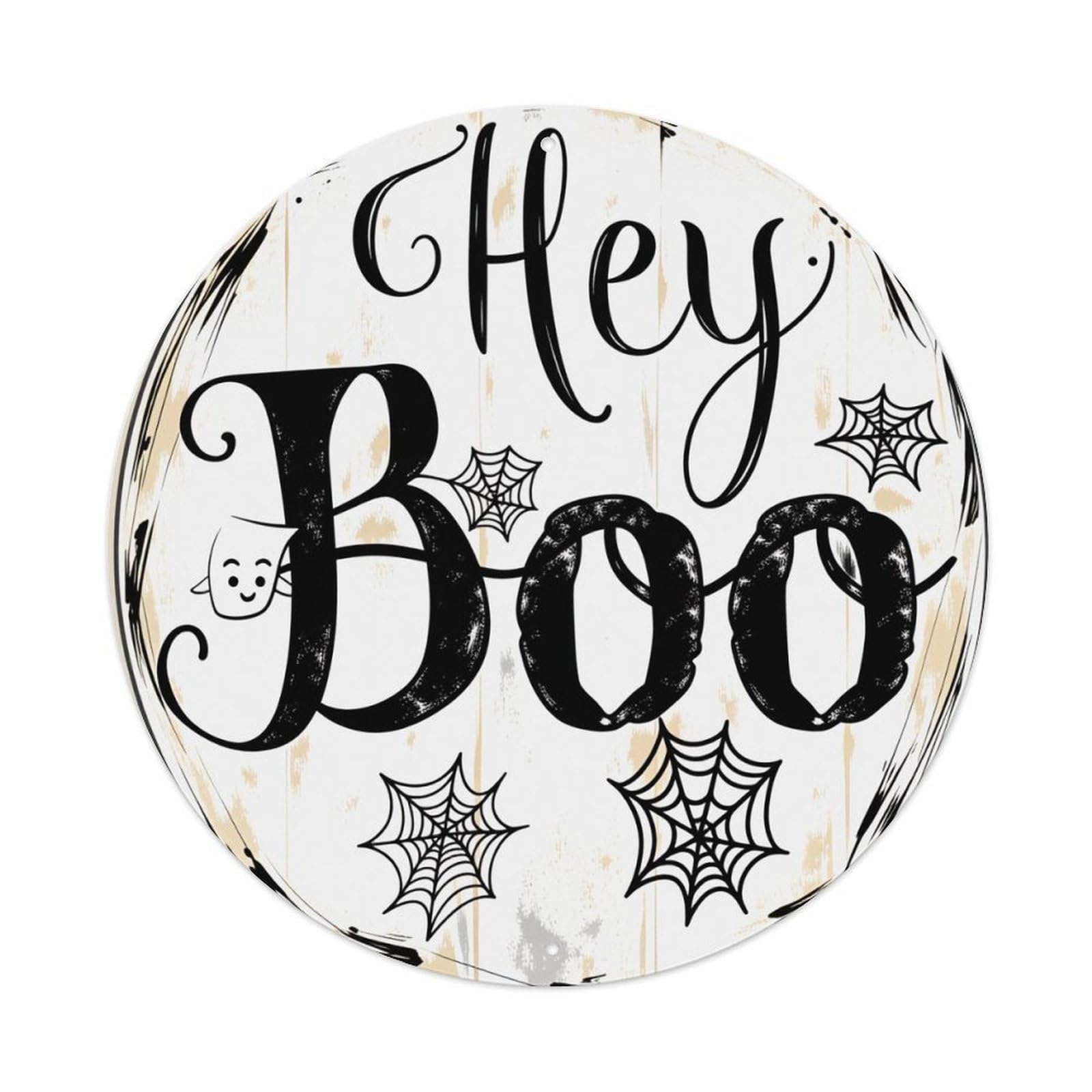 Hey Boo Spider Web Ghost Round Tin Sign Vintage Metal Poster Retro Bar, Home, Man Cave, Kitchen, Laundry Room Wall Art Decor Gift 8x8In