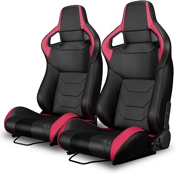 Universal Racing Seats Bucket Seats Adjustable Carbon Back Car Seats 1 Pair Reclinable Sport Seats with Dual Lock Sliders PVC Leather