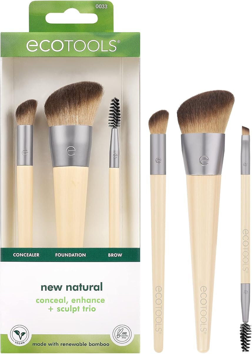 Nuevo trío natural para ocultar, mejorar y esculpir, brochas de maquillaje | Base uniforme y cejas con forma, juego de brochas de maquillaje para base y corrector, brocha correctora, spoolie de cejas y asas de bambú
