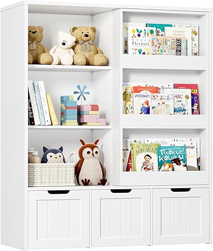 Miniatura 7 de FOTOSOK Organizador de almacenamiento de juguetes con estante deslizante para libros, organizadores y almacenamiento de juguetes con 3 cajones