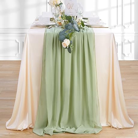 Sage Green Table Runner 10FT 27x120 Inches Chiffon Fabric for Wedding Bridal...