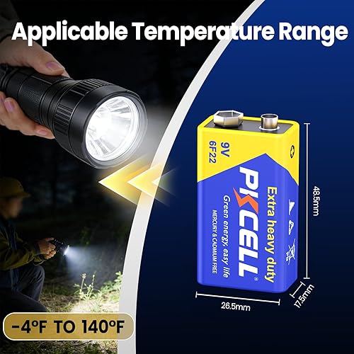 Miniatura 5 de PKCELL Baterías de 9 V, paquete de 10 baterías de 9 voltios de carbono y zinc, batería de 9 V para detector de humo, alarmas, batería cuadrada 6F22