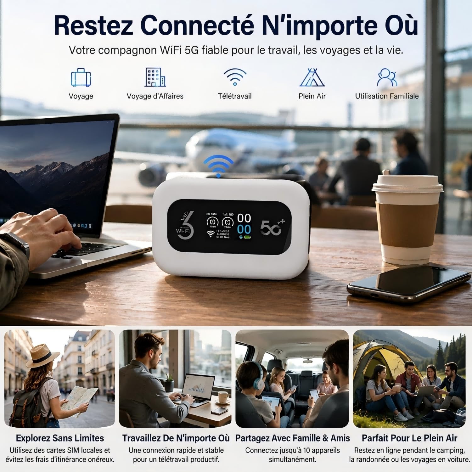 Routeur 5G Portable WiFi 6 avec Emplacement Nano SIM, Hotspot Mobile 5G/4G LTE Jusqu’à 300 Mbps, Batterie 3000 mAh, Autonomie 12 Heures, Connexion 10 Appareils, Écran LED, USB-C