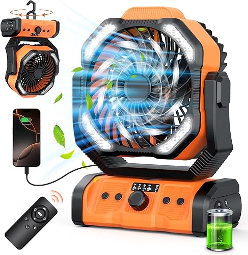 Vista 8 de Ventilador portátil recargable de doble cabezal de 20,000 mAh, ventilador de camping alimentado por batería, inalámbrico con linterna LED y control