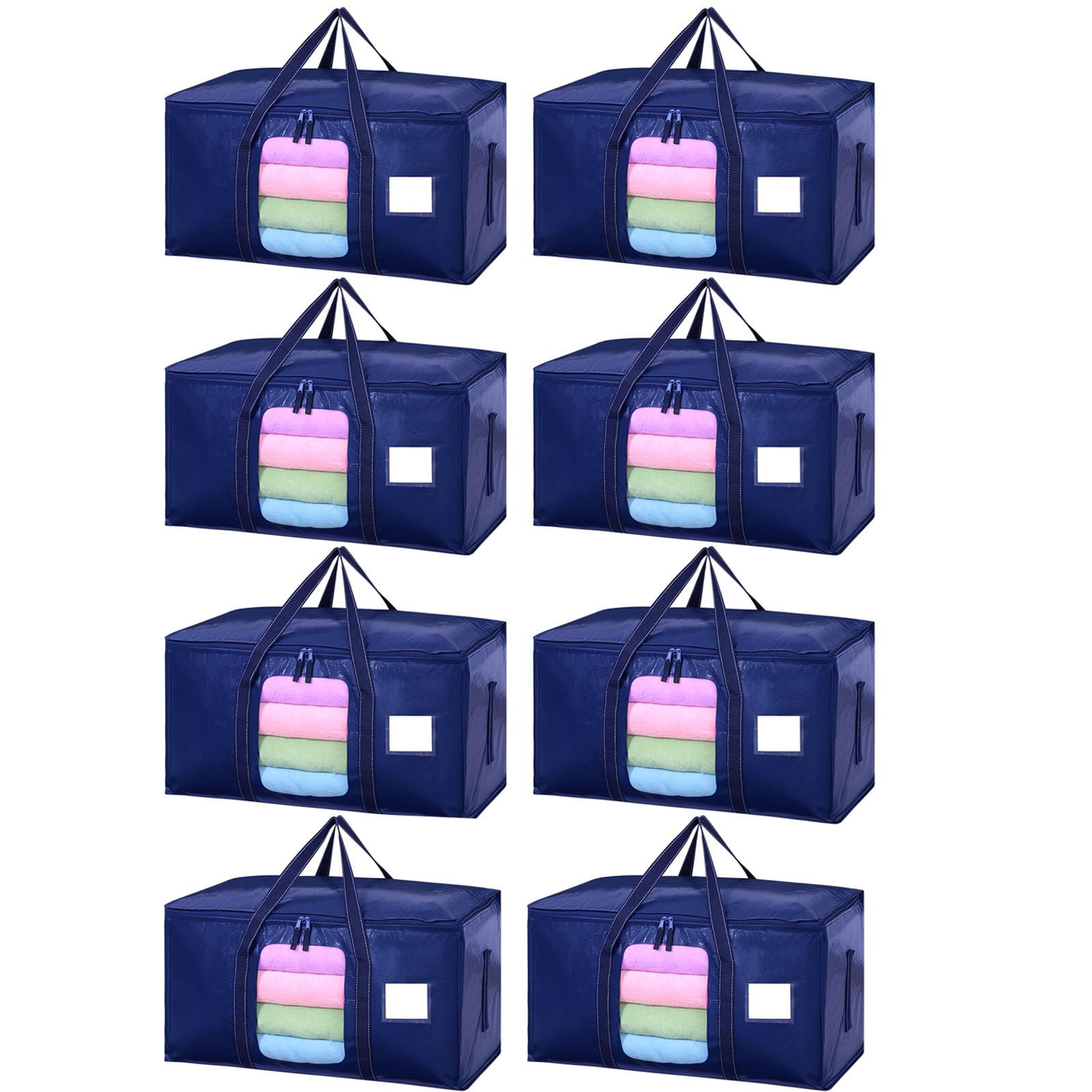 8 Pack 90L Large Moving Bags, Waterproof Clothes Storage Bags with View Window for Clothes Moving Travelling Camping Garden Tools Moving Totes Christmas Storage Containers（Blue）