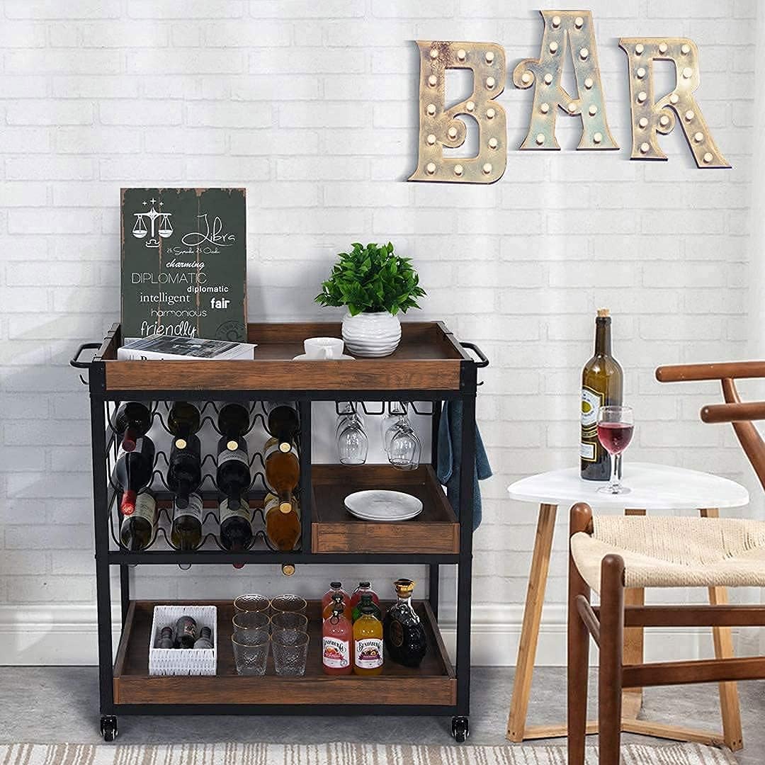 Bar Cart with 12-Bottle Wine Rack, Bar Carts for Home Removable Box Container Handle Rack, Industrial Wine Cart with Liquor Shelves Glass Holder, Wine Bar Home On Wheels - Bar & Serving Carts
