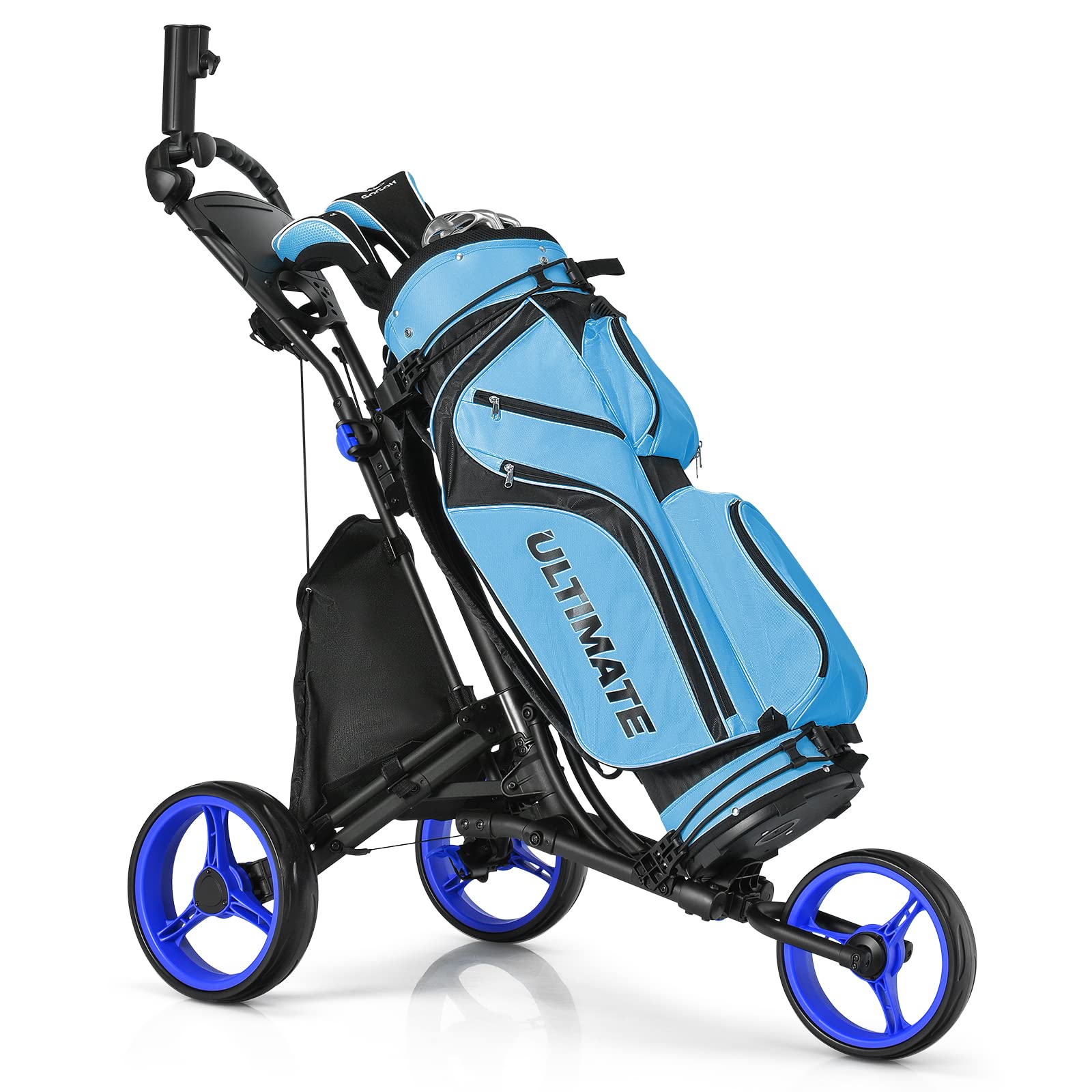 GOPLUS Chariot de Golf Pliable à 3 Roues, 4 Positions de Hauteur Réglables, Cadre en Alu, Porte-ombrelle Réglable, Sac Étanche, Frein à Pied, 121 x 70 x 116 CM