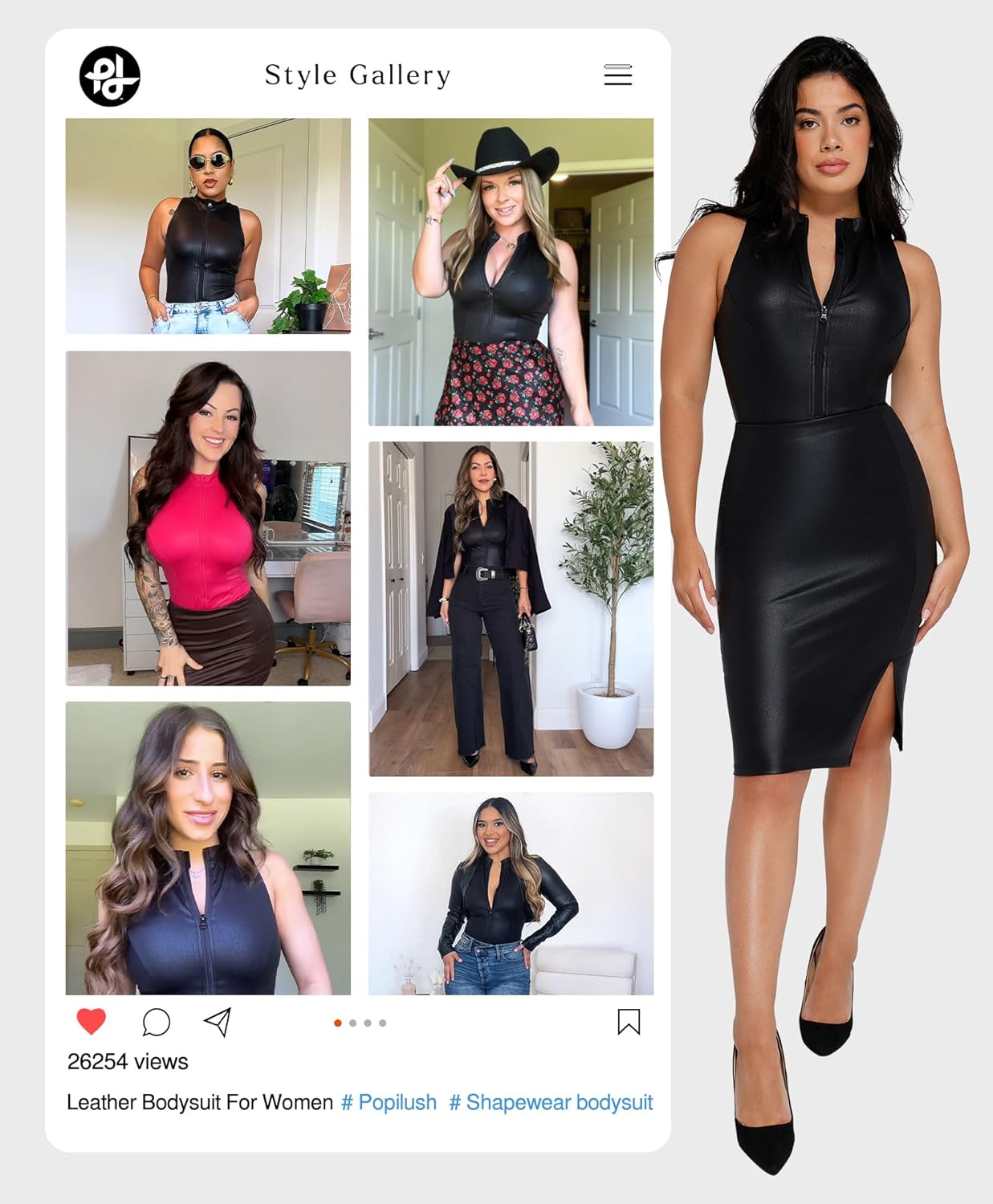 Popilush Leather Bodysuit for Women Tummy Control Shapewear Mock Turtleneck Thong Body Suits Zip Up Corset Top - Image 2