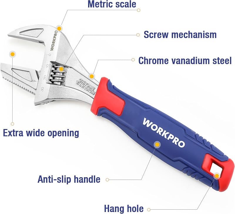 WORKPRO 2az1-ben állítható csavarkulcs és csőkulcs 200mm Cr-V gumis nyéllel