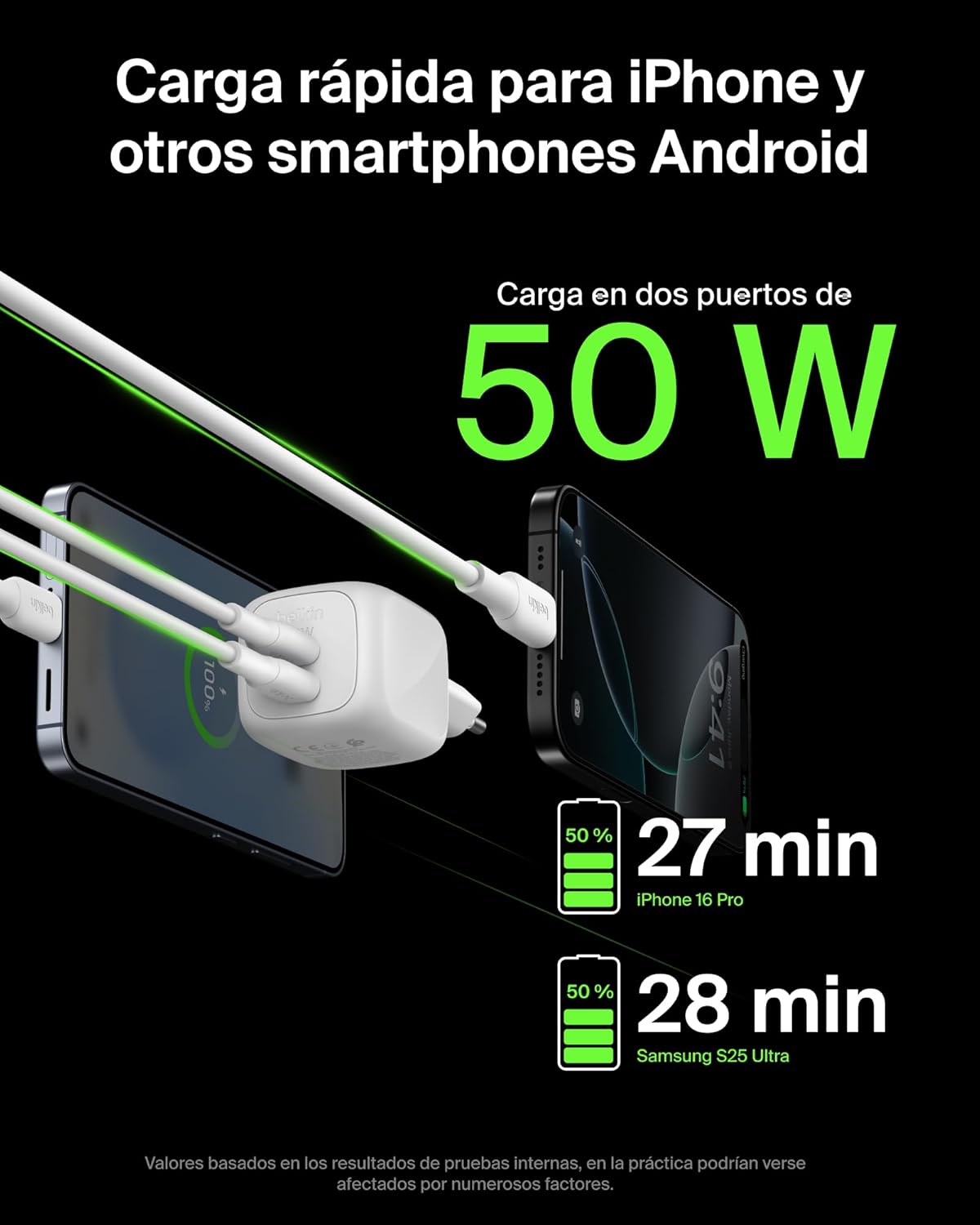 Belkin Cargador USB C con 2 Puertos de 50 W, Enchufe USB Doble GAN, Cargador Tipo C, Cable USBC 1 m, Carga Rápida, MacBook, iPhone 17, iPad Pro, Chromebook, Samsung Galaxy S25 Ultra y Otros – Blanco 5