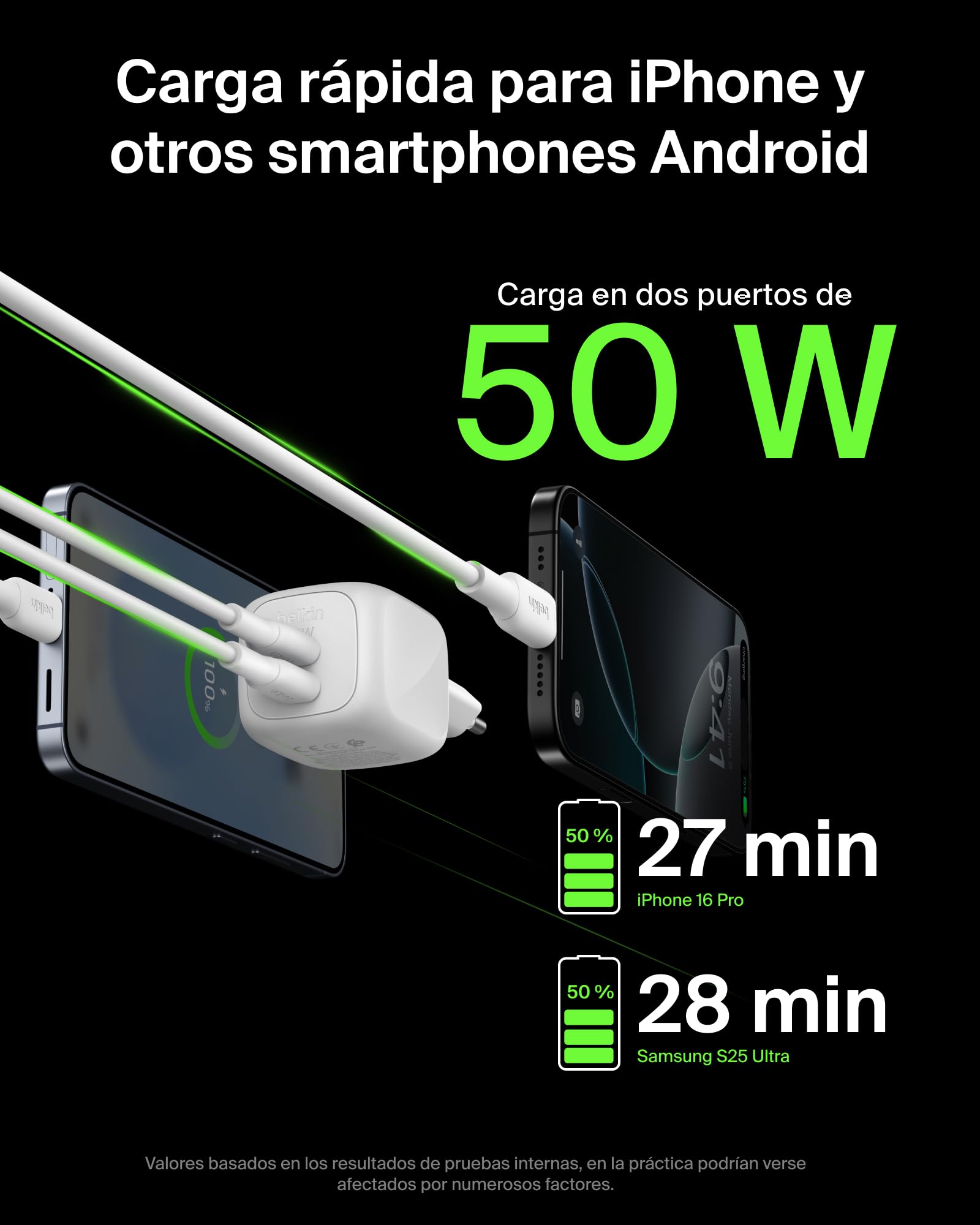 Belkin Cargador USB C con 2 Puertos, 50W, Cargador Multiple GaN con Dos Puertos Tipo C, Enchufe Carga Rápida para MacBook, iPhone 17, iPad Pro, Chromebook, Samsung Galaxy S25 Ultra y Pixel 10 - Blanco