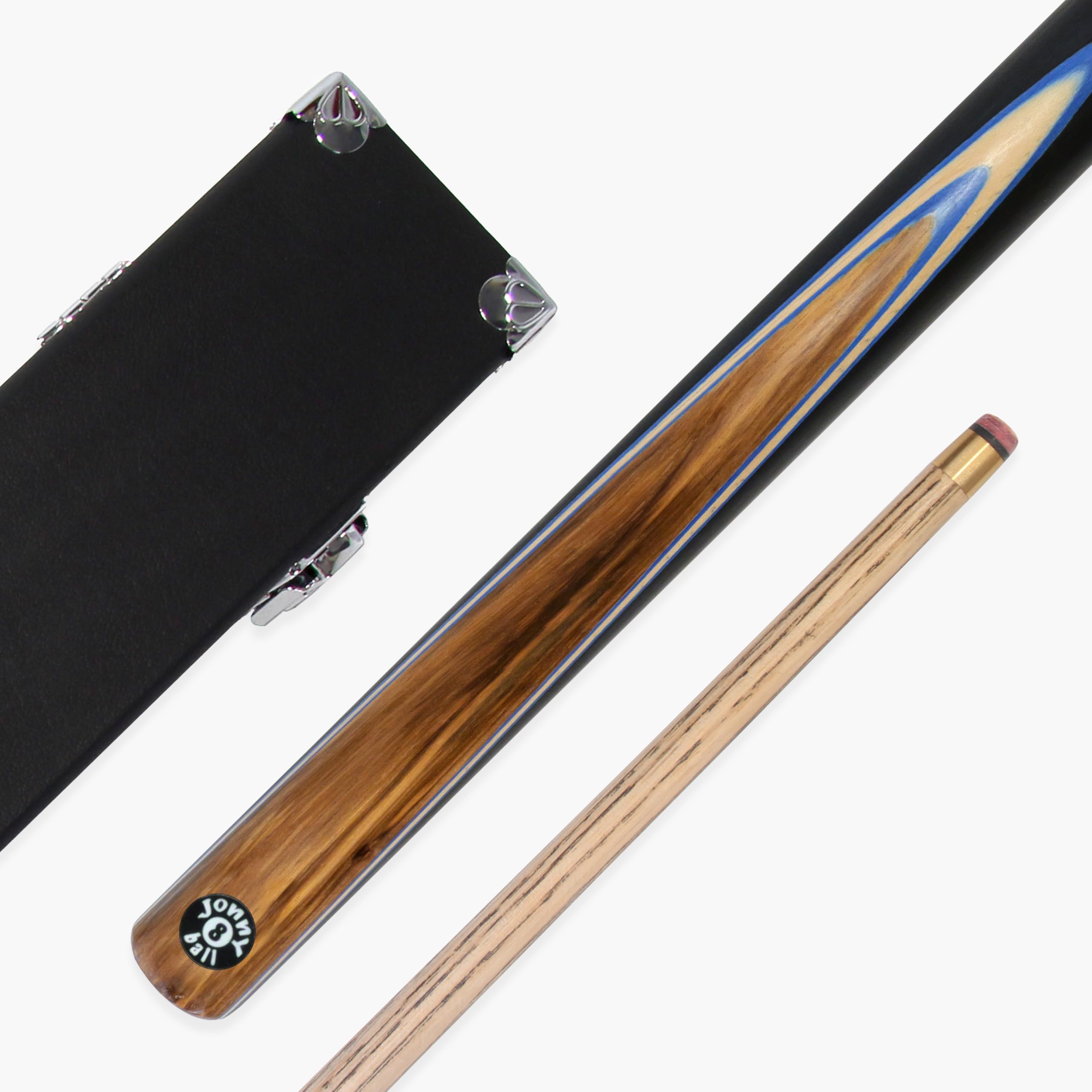 Jonny 8 Ball Challenger 57 Inch 2 Piece Centre Joint English Pool Cue and Case Set with 8mm Pro Leather Tip with Black Hard Case (Blue Maple)