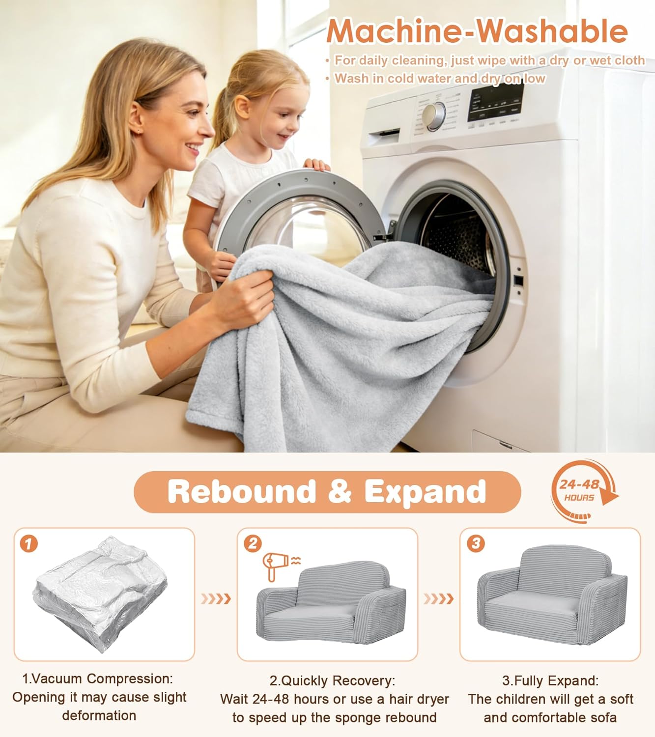 Extra Wide 2-in-1 Convertible Kids Couch | Large Corduroy Toddler Sofa Chair with Storage Pocket & Blanket | Foldable Foam Play Couch| Machine Washable Cover, Non-Toxic, for Boys & Girls, Grey