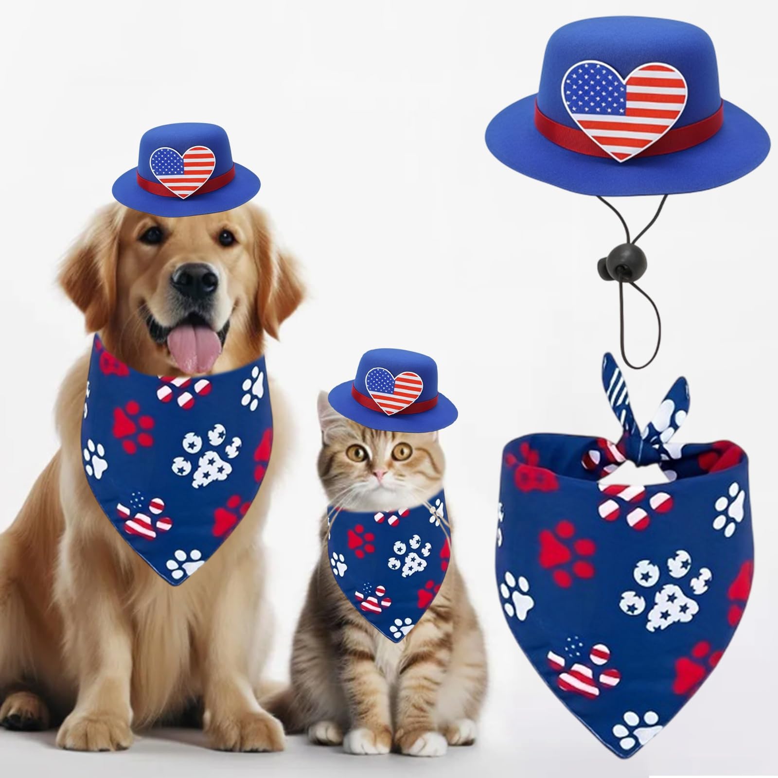Independence Day Dog Bandanas American Flag Pet Hat 4th of July Paw Print Reversible Triangle Bibs Scarf Adjustable Dog Hat Cat Cap Pet Neckerchief
