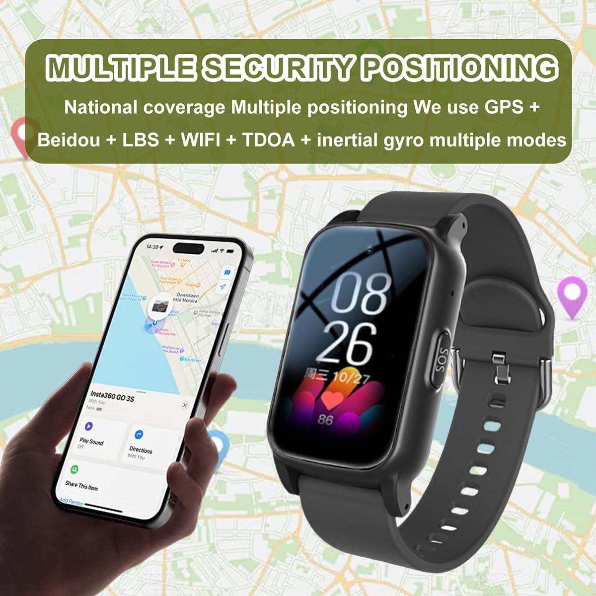 Intelligente con Rilevamento delle Cadute Bracciale SOS Anziani Salvavita Chiamata di Emergenza SOS, Orologio Salvavita per AnzianiBlack,1.25 * 0.57 * 2.22inch