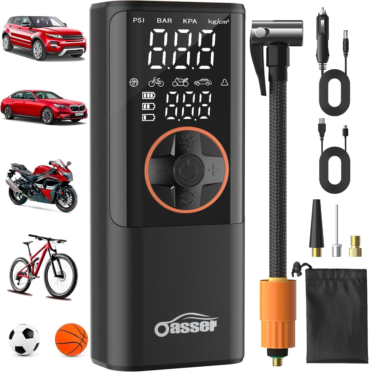 Oasser Tire Inflator 150PSI 6X Faster Dual Power Car/Motorcycle/Bike/Ball | Auto Stop, 5-Preset, Dual LCD, Quick Chuck, 3-LED, USB, Memory, 12V Cord, Built-in Nozzle Storage, Bag, Road Trips, Emergency