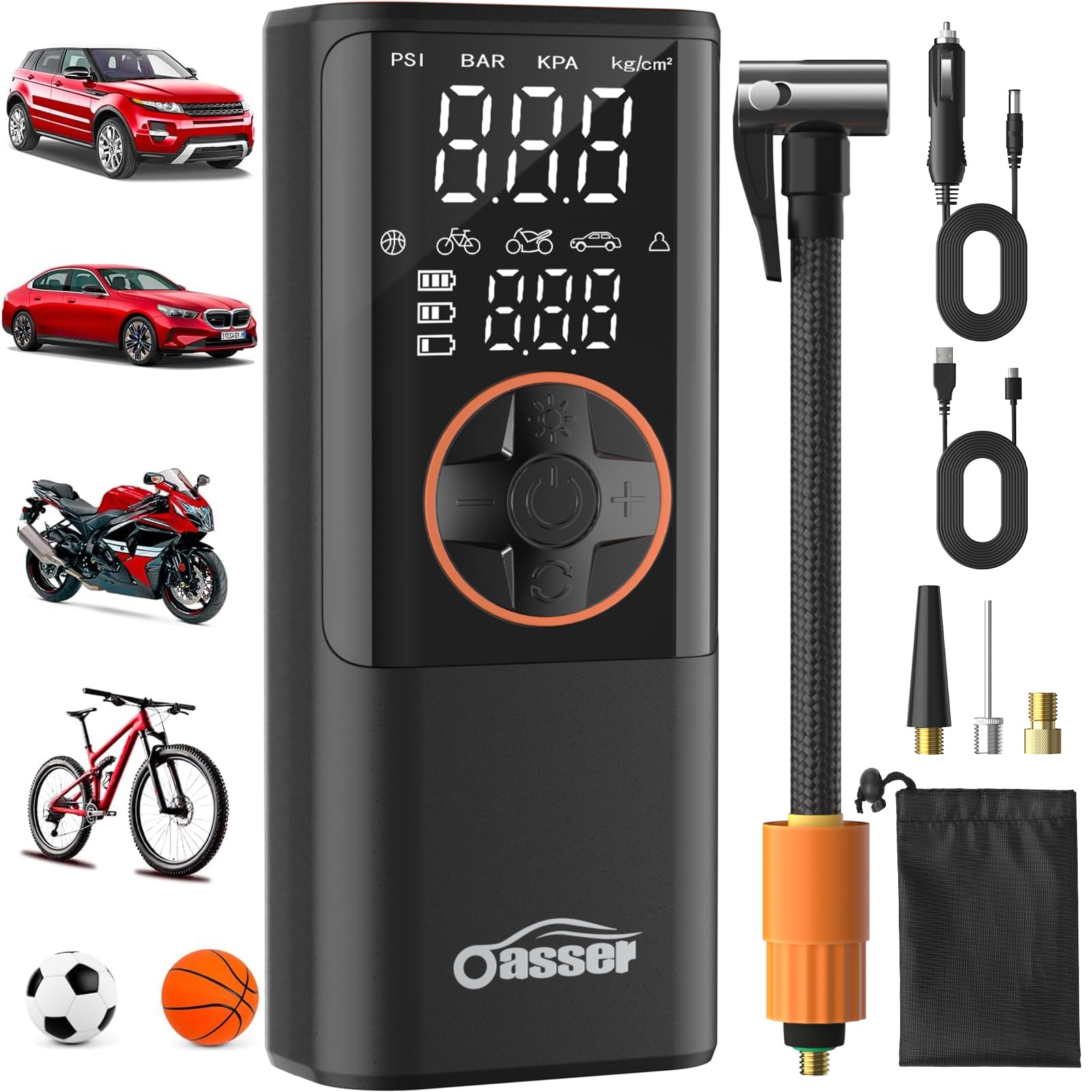 Oasser Elektrische Luftpumpe Dualer Anzeige 10,3 Bar Akku Fahrradpumpe | 3M 12V Zigarettenanzünder, 6000mAh, Presta ventildüse,Auto Motorrad Fahrrad Ball E-bike,LED Licht, 30cm Schlauch