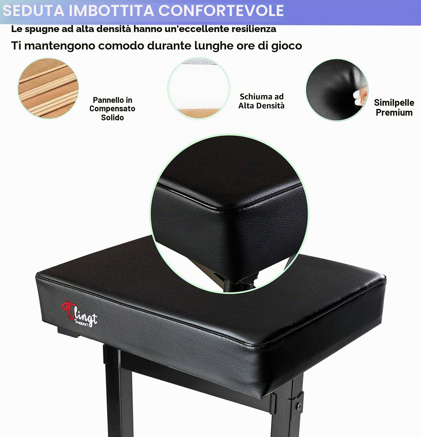 Sgabello per pianoforte regolabile, panca per tastiera ad alta densità con seduta imbottita extra spessa, altezza di bloccaggio a 7 livelli (46-59 cm), sgabello per tastiera di grado