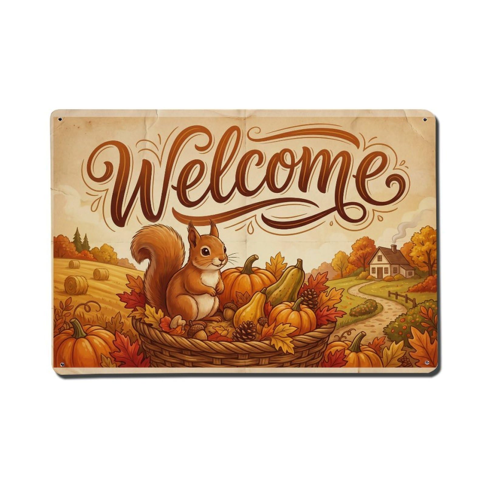 Vintage Welcome Squirrel Autumn Leaves Metal Tin Sign