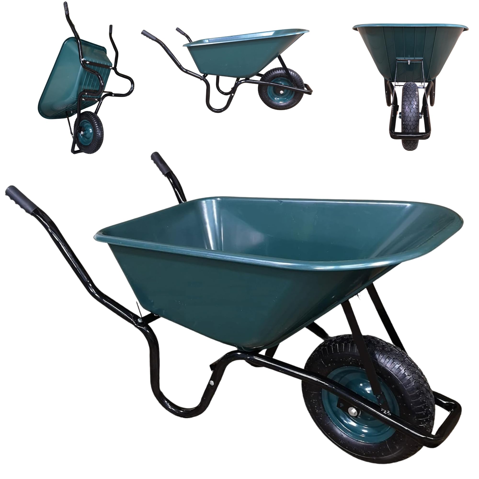 Samuel Alexander Green 110 Litre 150Kg Capacity Heavy Duty Outdoor Garden Trolley Wheelbarrows With Pneumatic Tyre, Plastic Garden Cart Wheelbarrow In