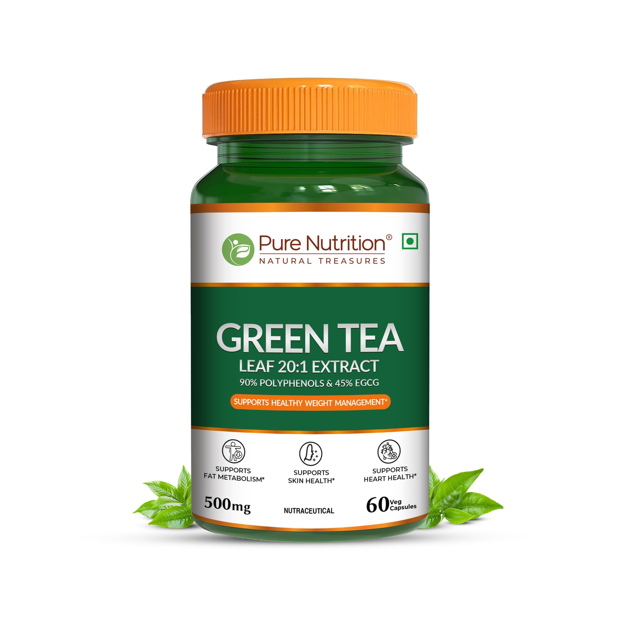 Pure Nutrition Green Tea Leaf Extract 500mg, 60 Veg Capsules | 90% Polyphenols & 45% EGCG | 20:1 Standardized Extract | Antioxidant Support | Energy & Metabolism Support | Skin & Heart Health Support-image-37