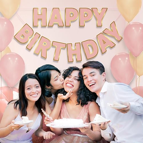 Miniatura 5 de LITAUS, Cartel de feliz cumpleaños de oro rosa, preencordado, de 9 pies, sin bricolaje, decoraciones de cumpleaños, letrero de feliz cumpleaños para