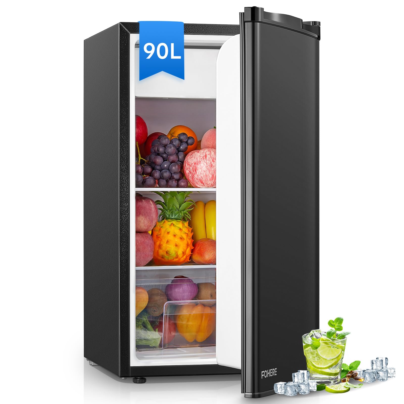 FOHERE 90L Kühlschrank mit Gefrierfach Klein & Gemüsefach | Ultra-Leiser Mini Kühlschrank für Schlafzimmer/Büro | 7-Stufen Thermostat, Energieeffizien | Schwarz