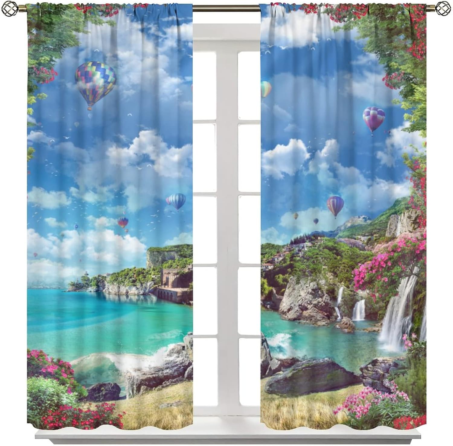 Coastal Scenery Curtains, Beautiful Scenery by The Sea with Balloon Waterfall Red Flowers, Suitable Bedroom Living Room Blackout Noise Reduction Decorative Curtains, 2 Panel Set, 42x63 Inches
