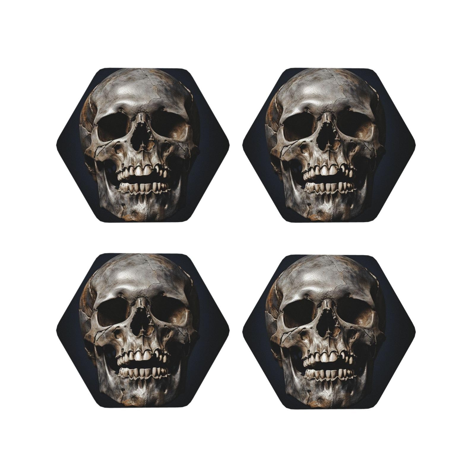 4Pcs PU Leather Coaster for Drinks, Death Skull Cup Coastersr 4" Cup Mat Pad, Aesthetic Drink Coasters for Coffee Table, Hexagon Coaster for Tabletop Protection