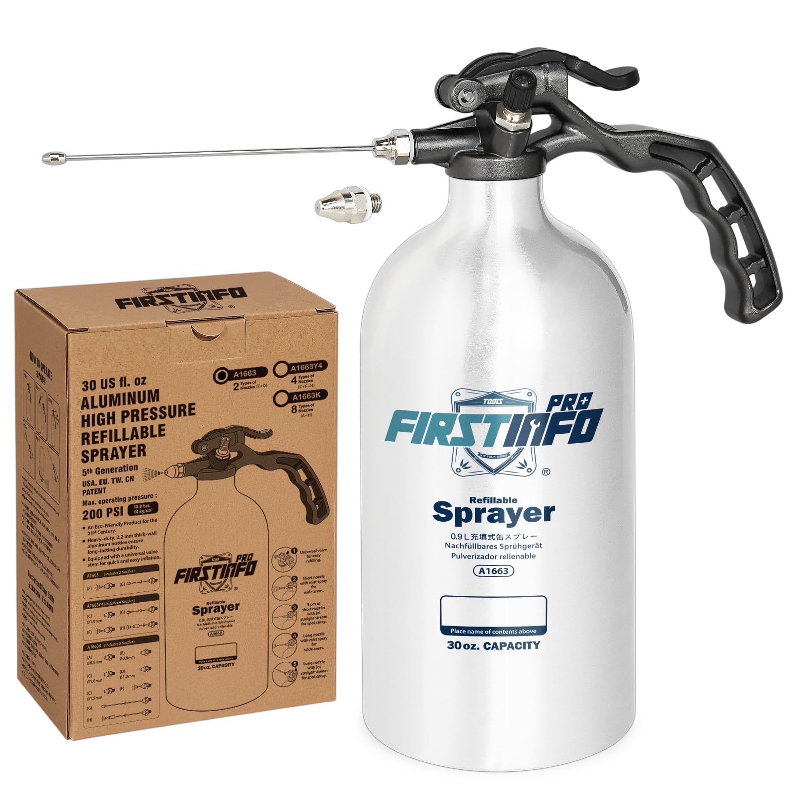 FIRSTINFO Pulverizador Recargable para Limpiador de Frenos 900 ml, Botella de Aluminio Sin Aerosol para Disolventes y Desengrasantes, Pulverizador Presurizado con Boquilla Niebla y Chorro Largo, A1663