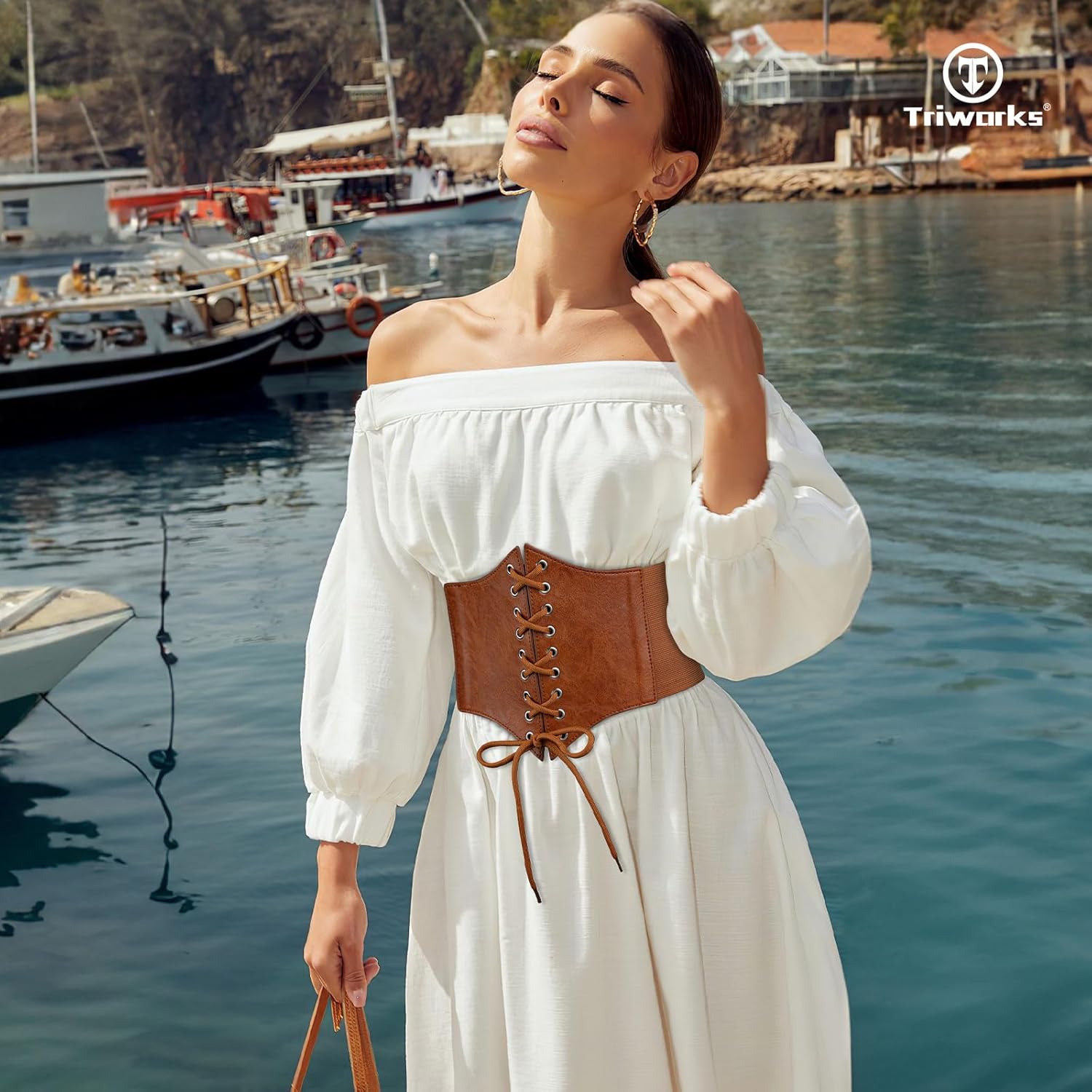 TRIWORKS Corset Belt for Women, Lace Up Elastic Waist Belt,Tied Waspie Corset Belts for Women Halloween Costume,Brown - Image 2