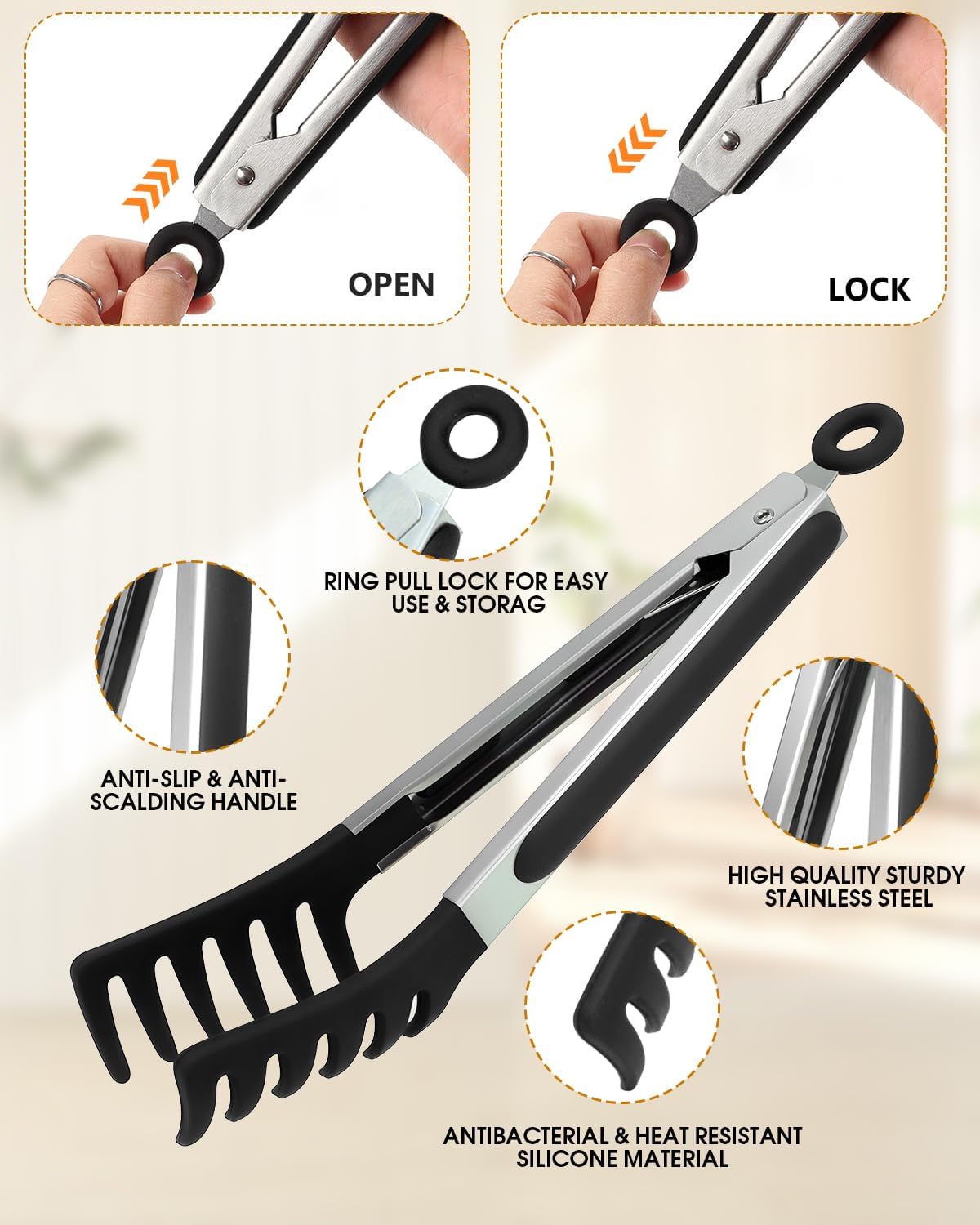 Spaghetti Spoon and Pasta Tong with Non-Slip Silicone Teeth, Food Clip for Spaghetti Noodle, Heat Resistant Kitchen Utensils with Storage Holes, Dishwasher Safe
