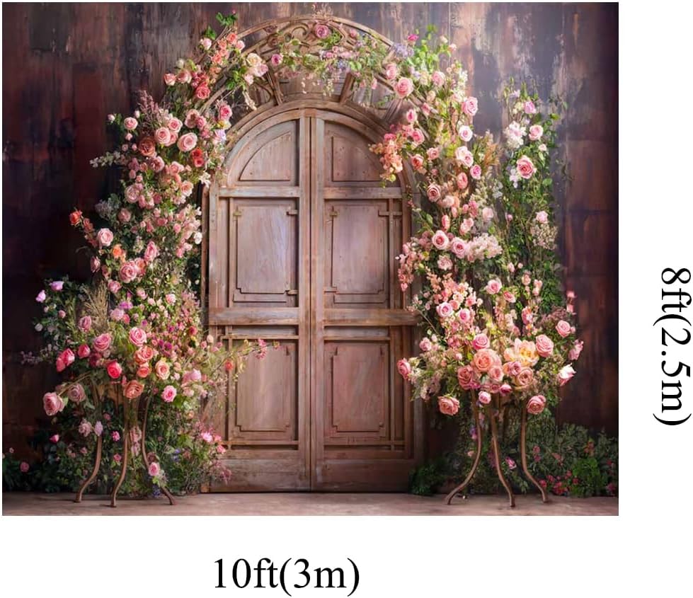 Kate 10x10ft Spring Pink Flowers Arch Door Photo Backdrops for Photography Vitage Rustic Wall Pink Rose Valentine Day Photographic Background Photocall Props