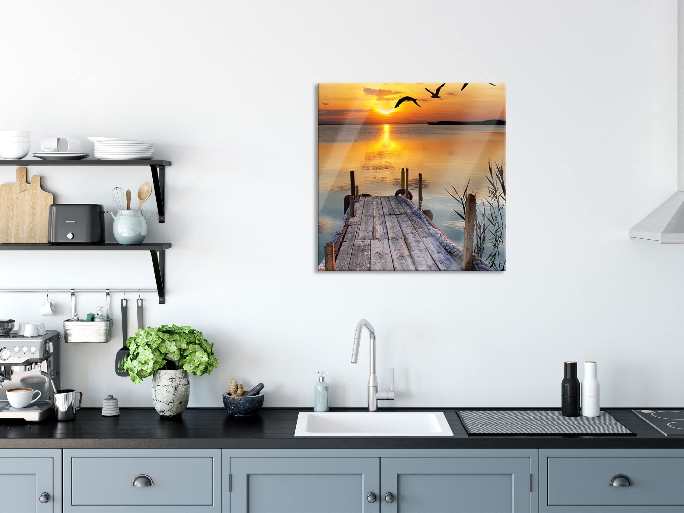 Pixxprint Glasbild, Wandbild auf Echtglas, Steg bei Sonnenuntergang, 60x60 cm, inkl. Aufhängung und Abstandshalter