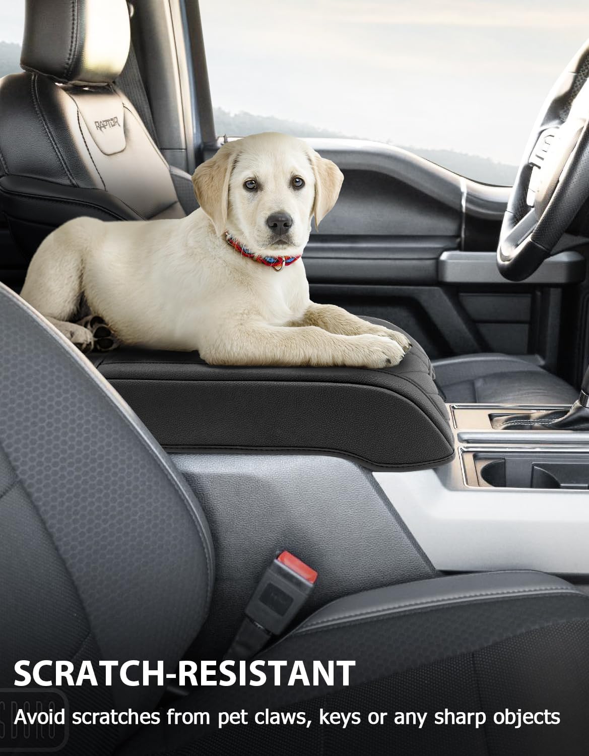 Center Console Cover for 2015-2020 F150 Accessories, F250 F350 F450 F550 2017-2022, Expedition 2018-2024, PU Leather Armrest Cusion Cover with Storage Bag, Bucket Seat Only, Black