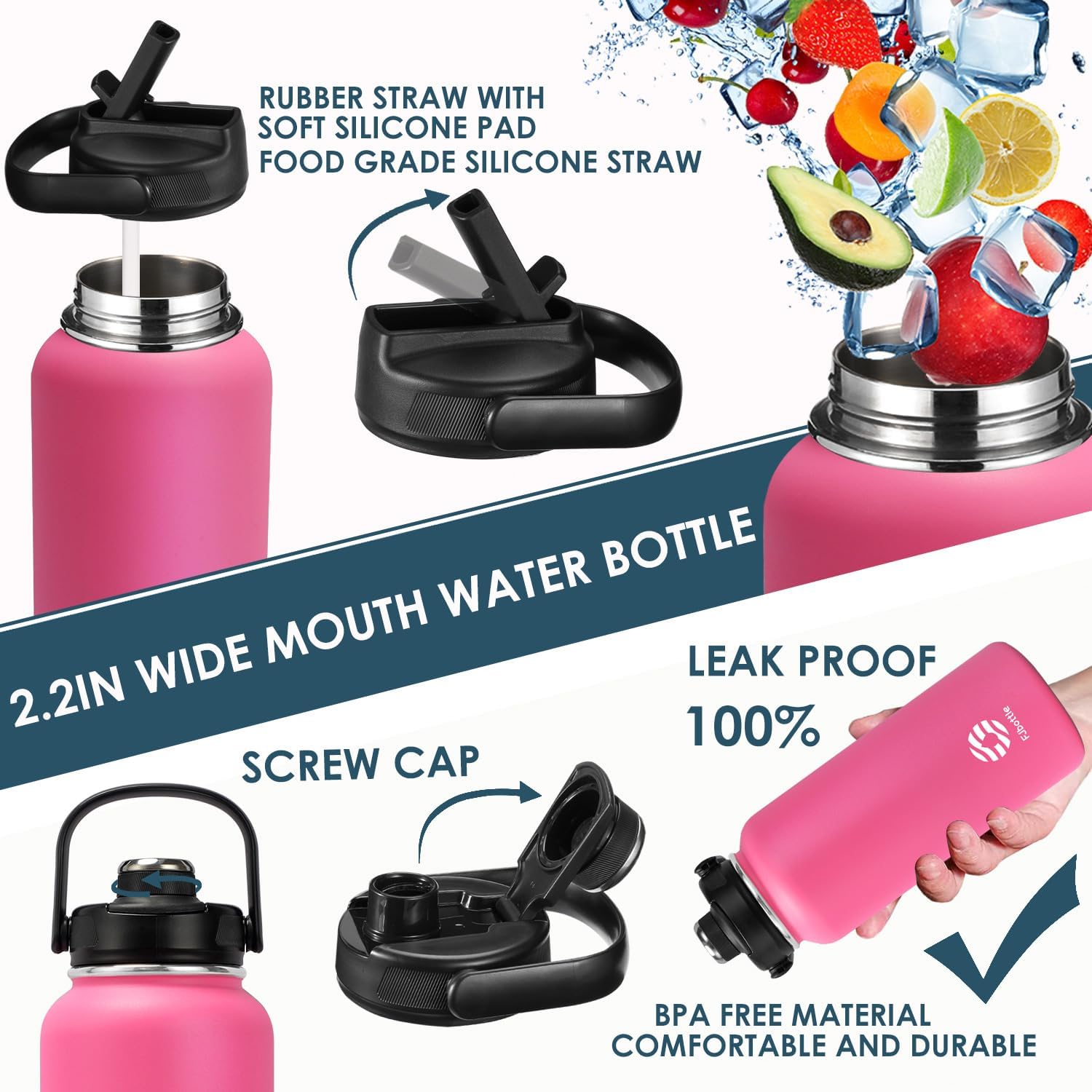 Fjbottle Insulated Water Bottles-32 oz Stainless Steel with Straw Lid & Spout Lids Sport Water Bottle,Double Wall Sweat-proof BPA Free to Keep Water Cold 24Hrs or Hot 12Hrs Durable Metal Canteen - Image 2