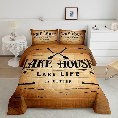 Erosebridal Juego de edredón de decoración de casa del lago, juego de edredón de paletas de madera coloridas tamaño matrimonial, juego de ropa de