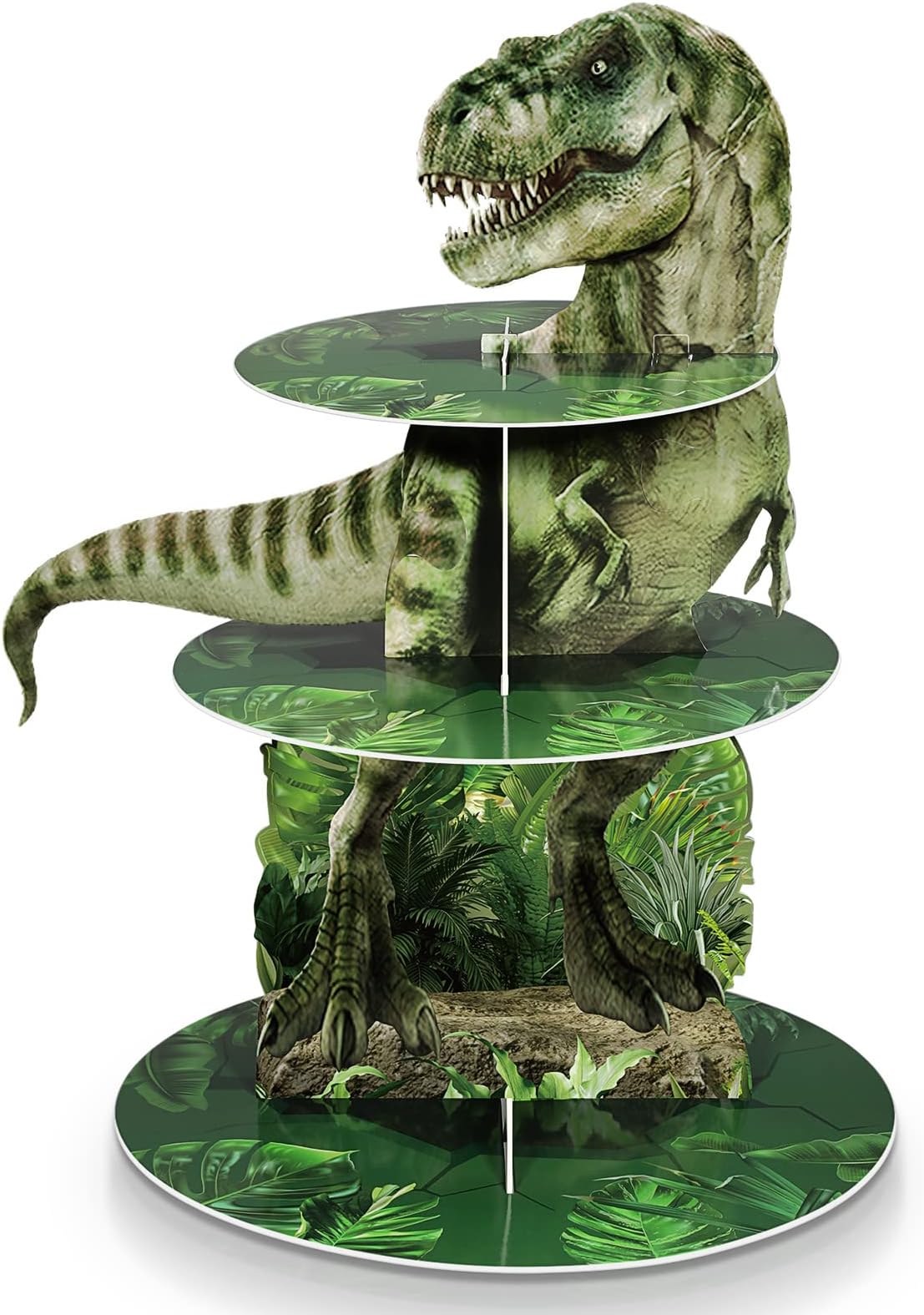 3 Tier Dinosaur Cupcake Stand Party Decorations Dinosaur Theme Cupcake Holder Decorations Dino Dessert Tower for Kids Dino Jungle Theme Party Birthday Supplies(Realistic)