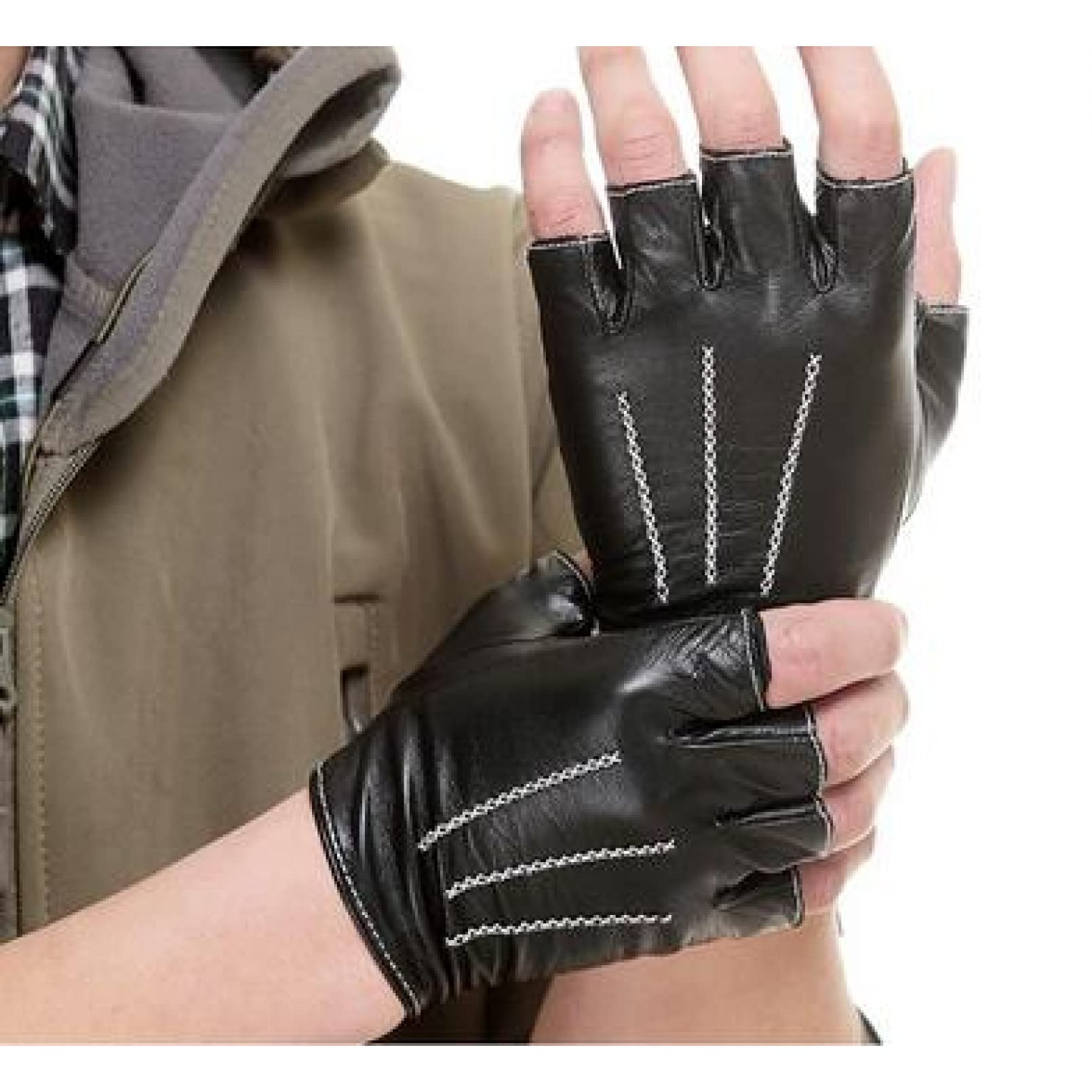 Guantes de motocicleta para hombre, guantes de cuero de medio dedo, guantes de piel de oveja, 3 líneas
