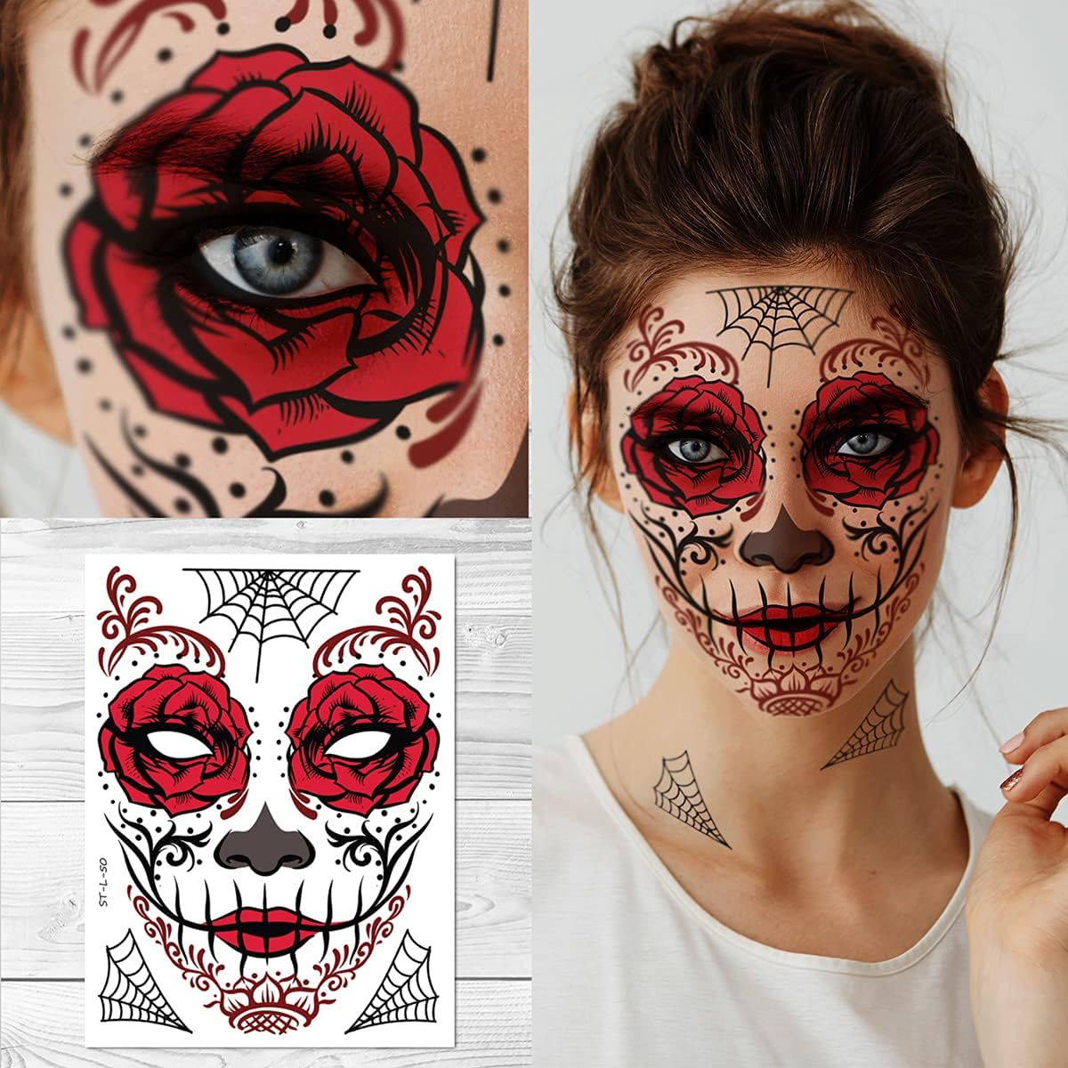 Amazon.com : Red Roses Day of the Dead Sugar Skull Temporary Face ...