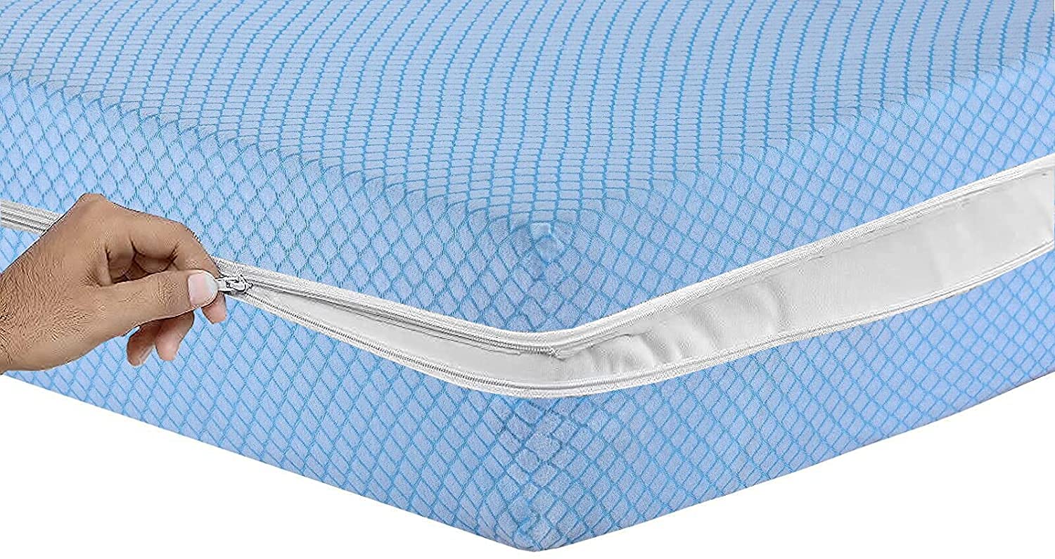 Diamond Pattern Mattress Protector Hypoallergenic Extra Deep Total Zipper Encasement Cover Anti Bug, Non-Noisy, Anti Allergy Breathable Fitted Style Blue and Grey Poly-Cotton Zipped (Blue, King)