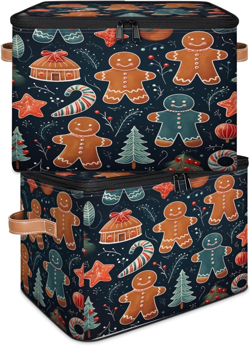 Storage Bin Set of 2 Gingerbread Man Storage Basket with Zipper Lid & Handle Foldable Closet Shelf 2 Pack Cloth Organizer Basket Cube Bins Clothes Organizer for Bedroom, Nursery