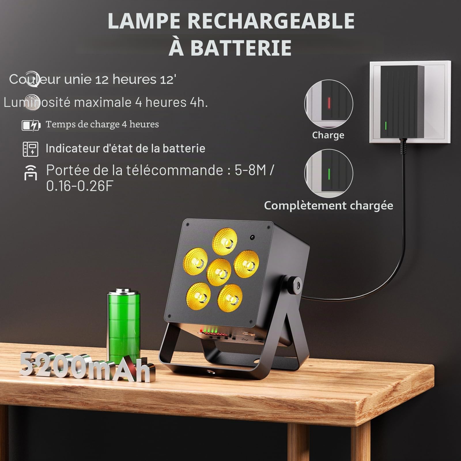 50W APP Par LED Batterie, RGBWA UV Lumiere de Scene 5200mAh Rechargeable, Eclairage Scene Support IR Télécommande, 2,4 GHz sans fil, D MX Contrôle pour Mariage Disco Halloween Noël