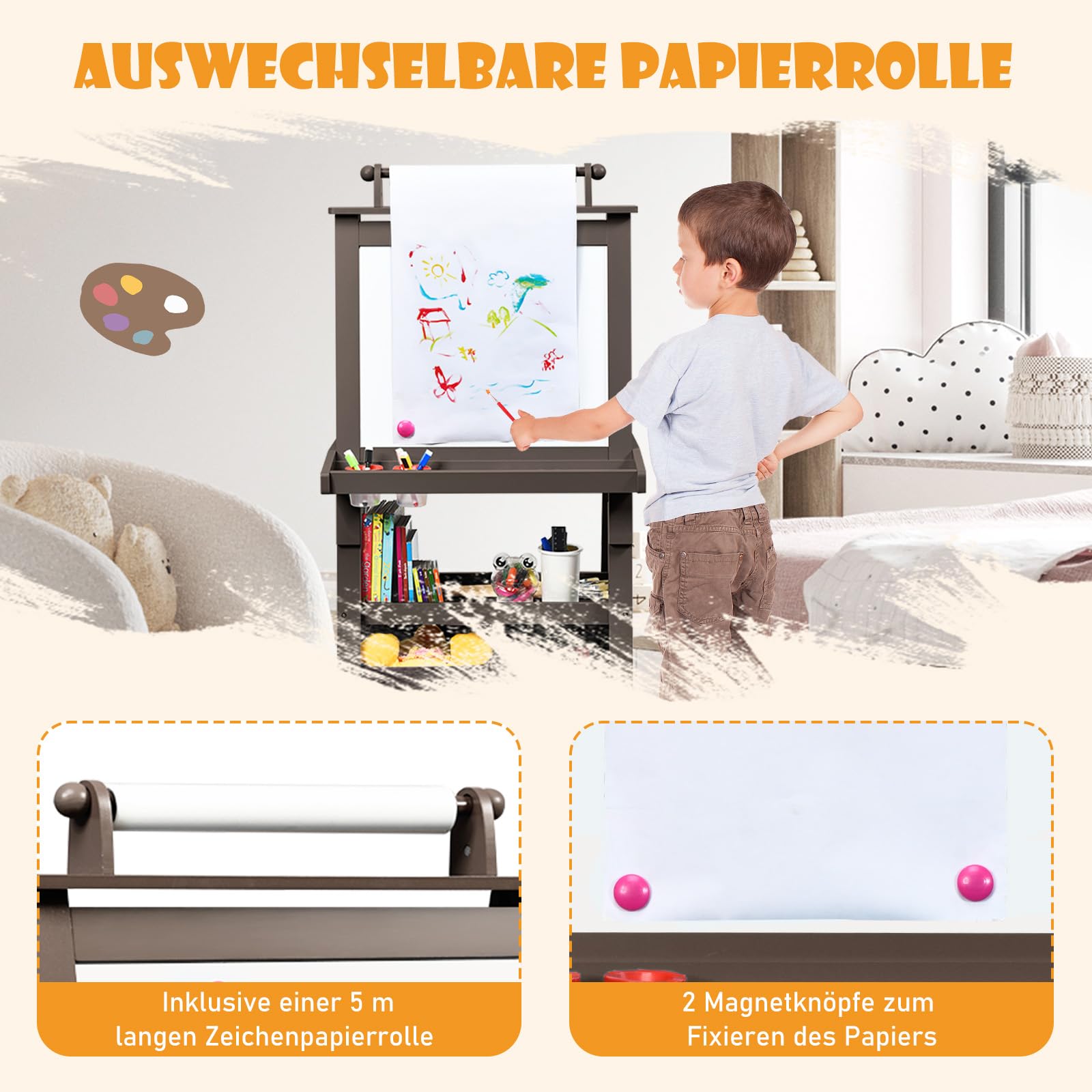 DREAMADE doppelseitige Kinder Staffelei aus Holz, Kinderstaffelei mit Ablage, Kindertafel mit Papierrolle Whiteboard und Kreidetafel, inkl. 2 Stoffboxen (Kaffee)
