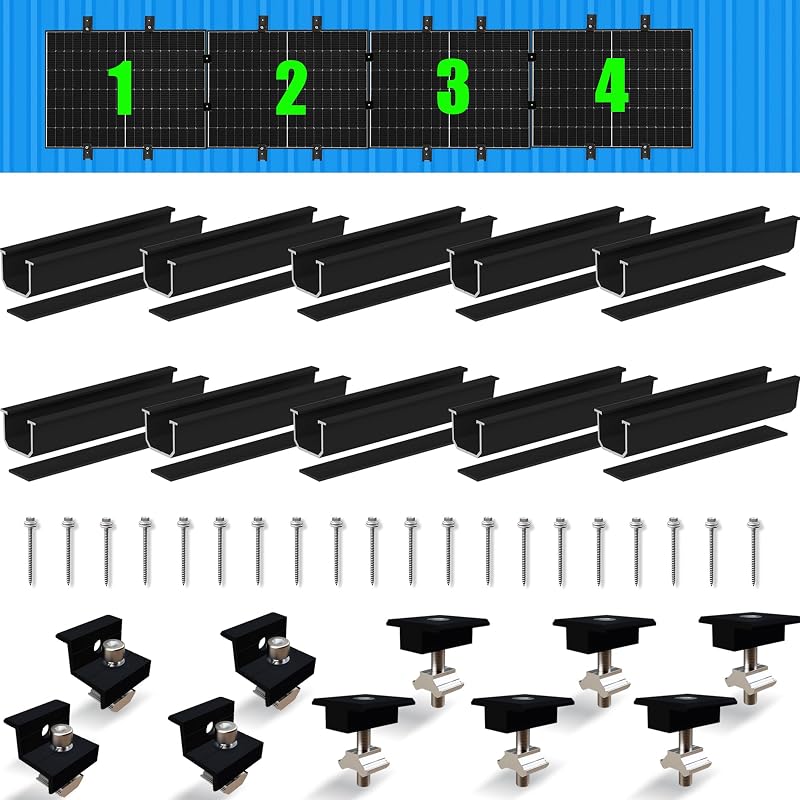 Set de montaj pentru panouri solare Warmfay, profil din aluminiu negru de 12 cm cu consolă reglabilă pentru 4 panouri solare, pentru acoperiș plat și tablă trapezoidală, 30-35 mm