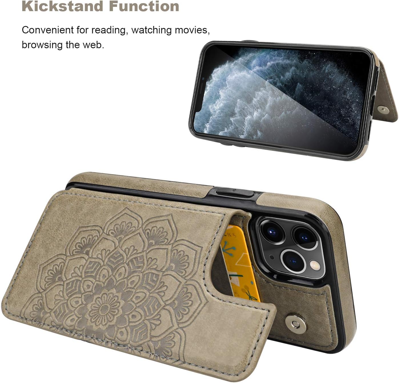 Vaburs iPhone 11 Pro Case Wallet with Card Holder, Embossed Mandala Pattern Flower Premium PU Leather Double Magnetic Buttons Flip Shockproof Protective Cover for iPhone 11 Pro 5.8 Inch(Gray)