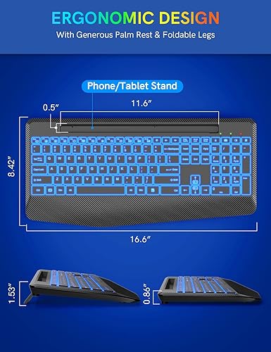 Miniatura 7 de Teclado inalámbrico con retroiluminación de 7 colores, reposamuñecas, soporte para teléfono, teclado ergonómico recargable con teclas silenciosas,